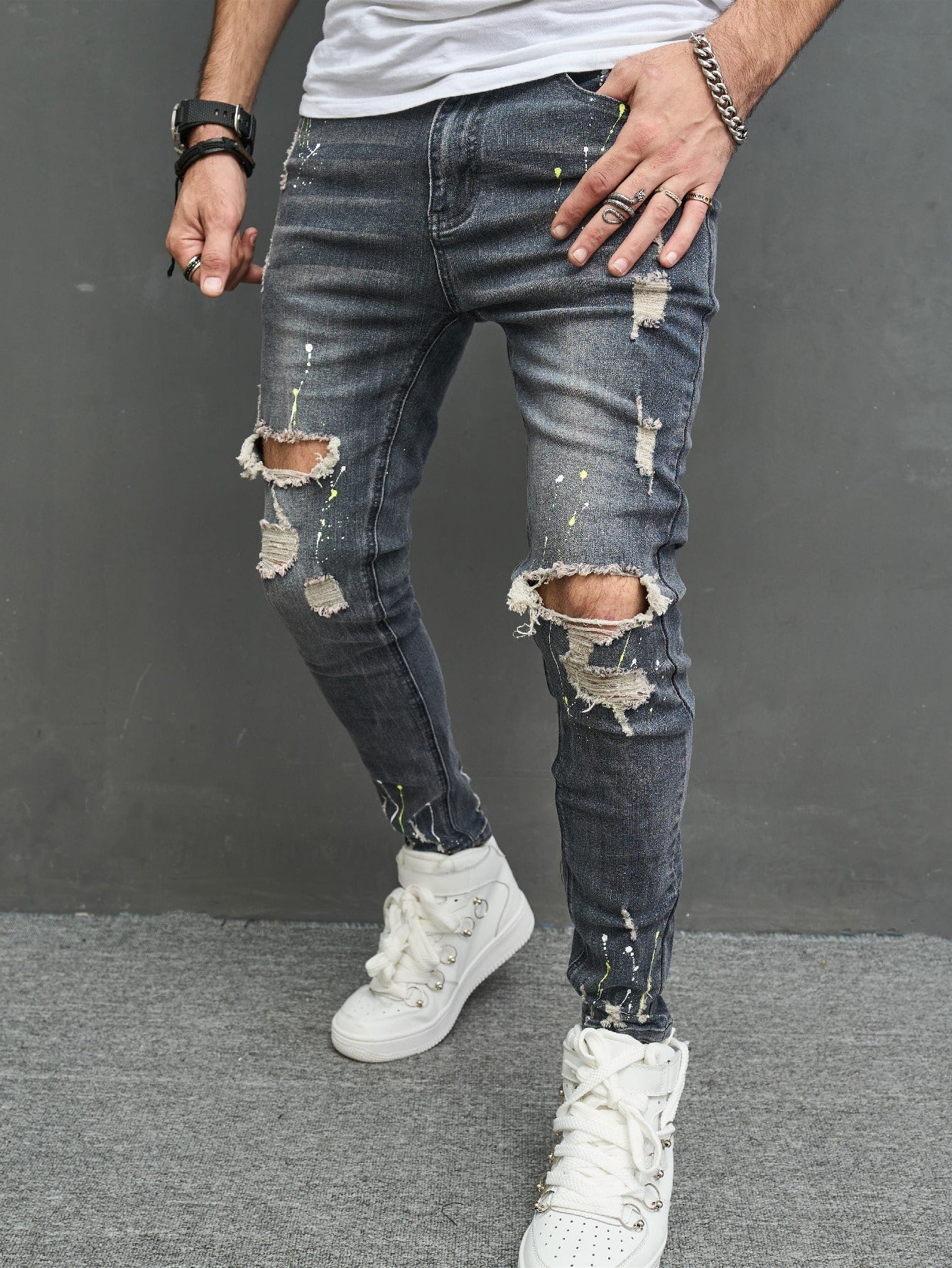 Men Cotton Splash Ink Print Ripped Skinny Jeans Slim Fit Long Frayed Jean Cargo Plain Light Grey Party Street Wear Husband