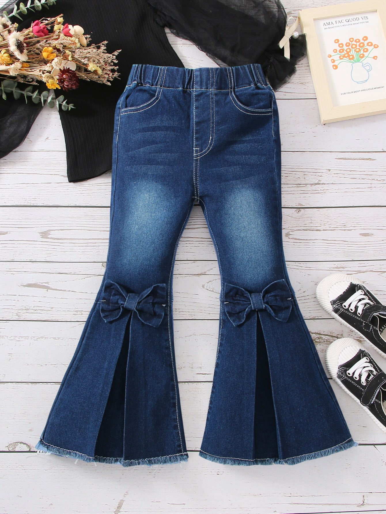 Young Girl Bow Front Fold Pleated Raw Hem Flare Leg Jeans