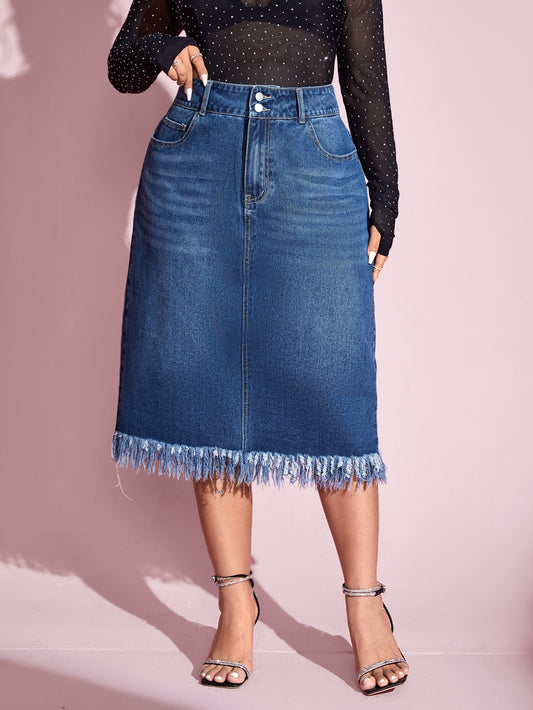 Plus High Waist Raw Hem Denim Skirt