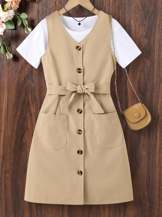 Tween Girl Button Front Belted Dual Pocket Dress Without Tee