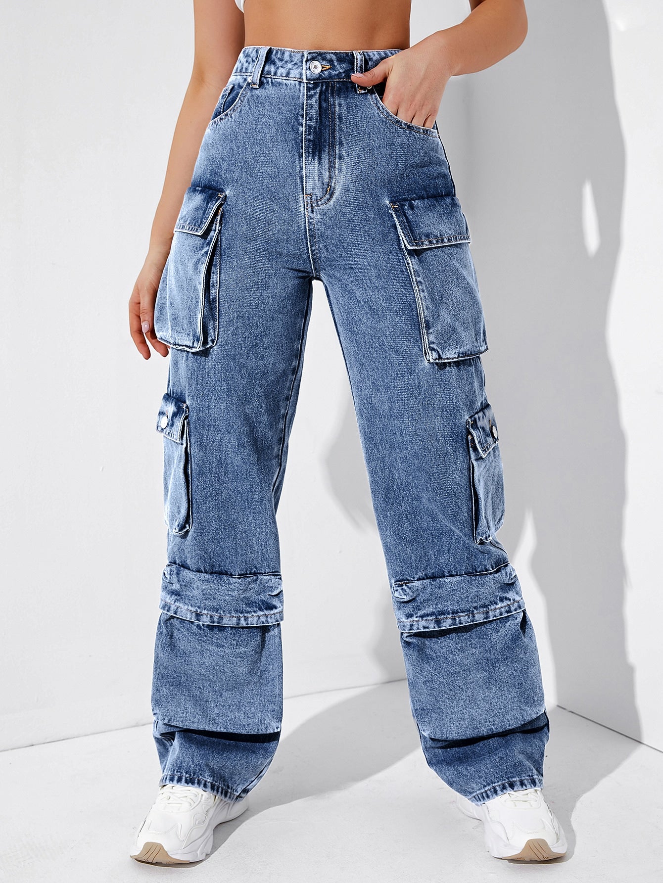 High Waisted Flap Pocket Cargo Jeans