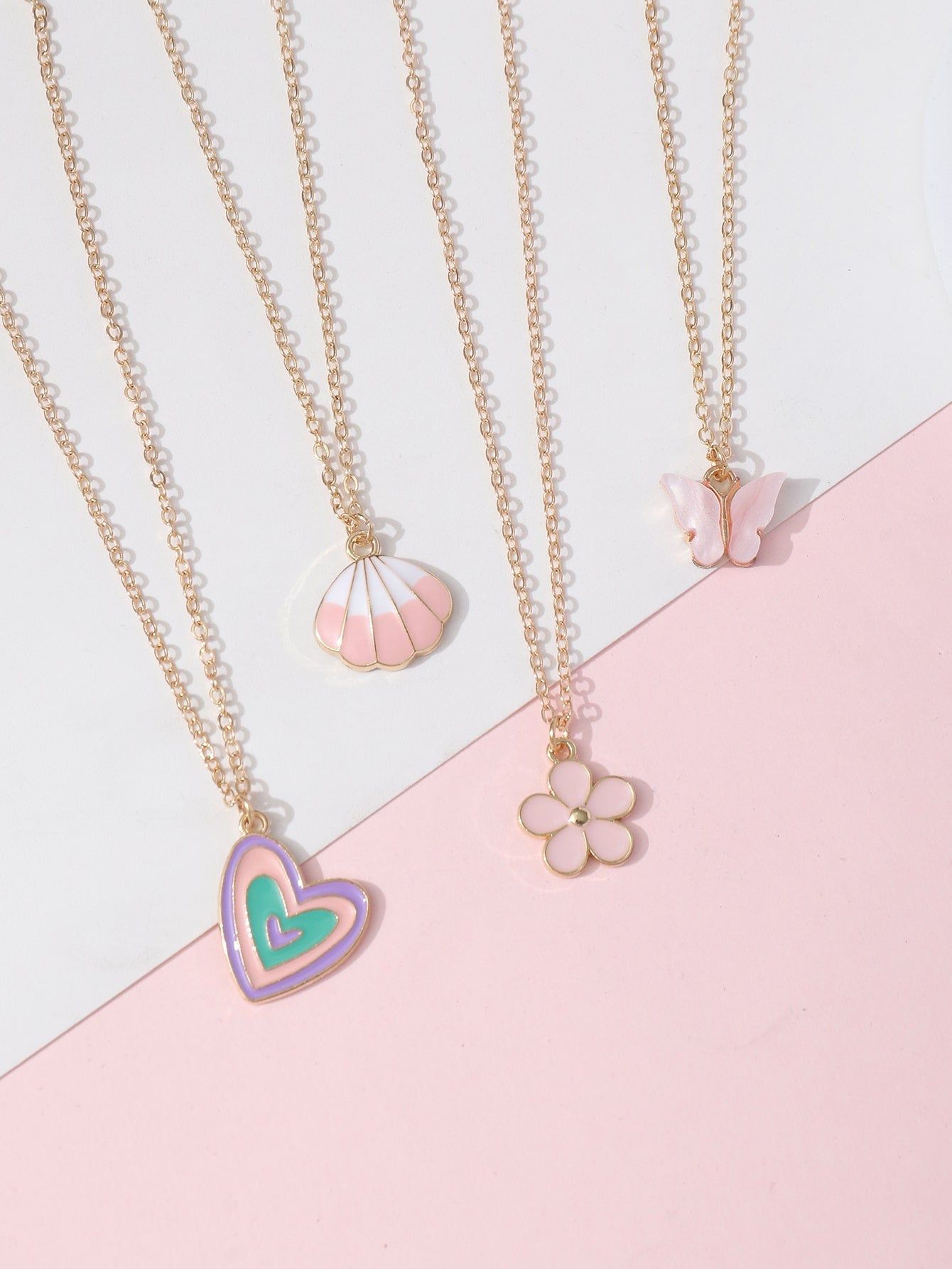 4pcs/Set Children's Lightweight Luxury Flower Shell Heart Shaped Necklace Set, Party Accessories