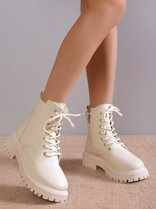 Women Lace-up Front Flatform Fashion Boots Preppy White Combat Boots