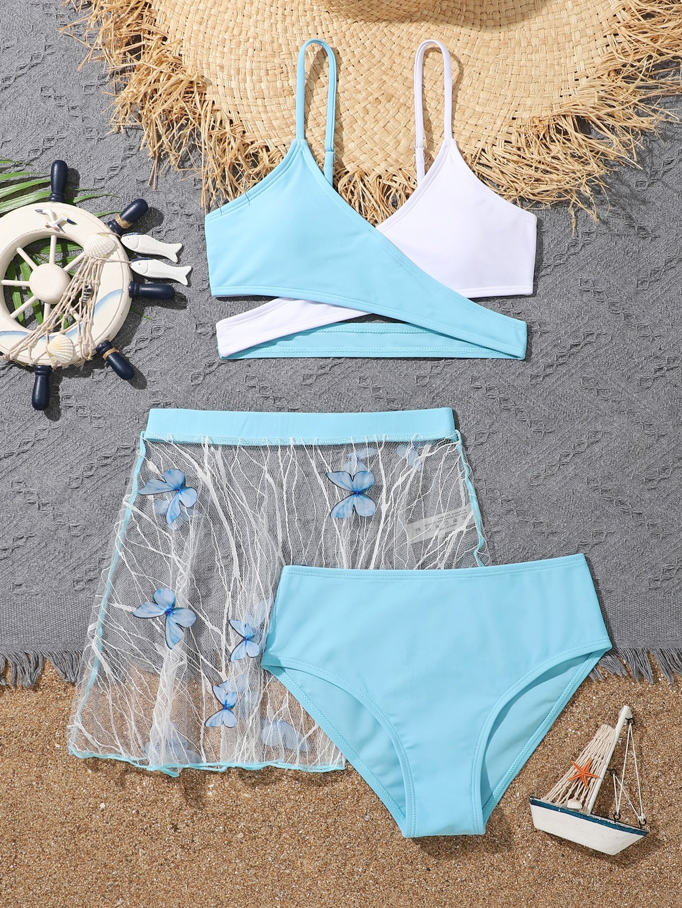 Tween Girl Two Tone Wrap Cross Bikini Set & Butterfly Print Beach Skirt Summer Beach