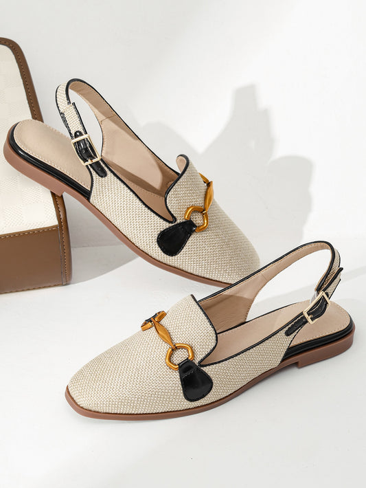 Fashion Apricot Flats For Women, Metal Decor Linen Slingback Flats