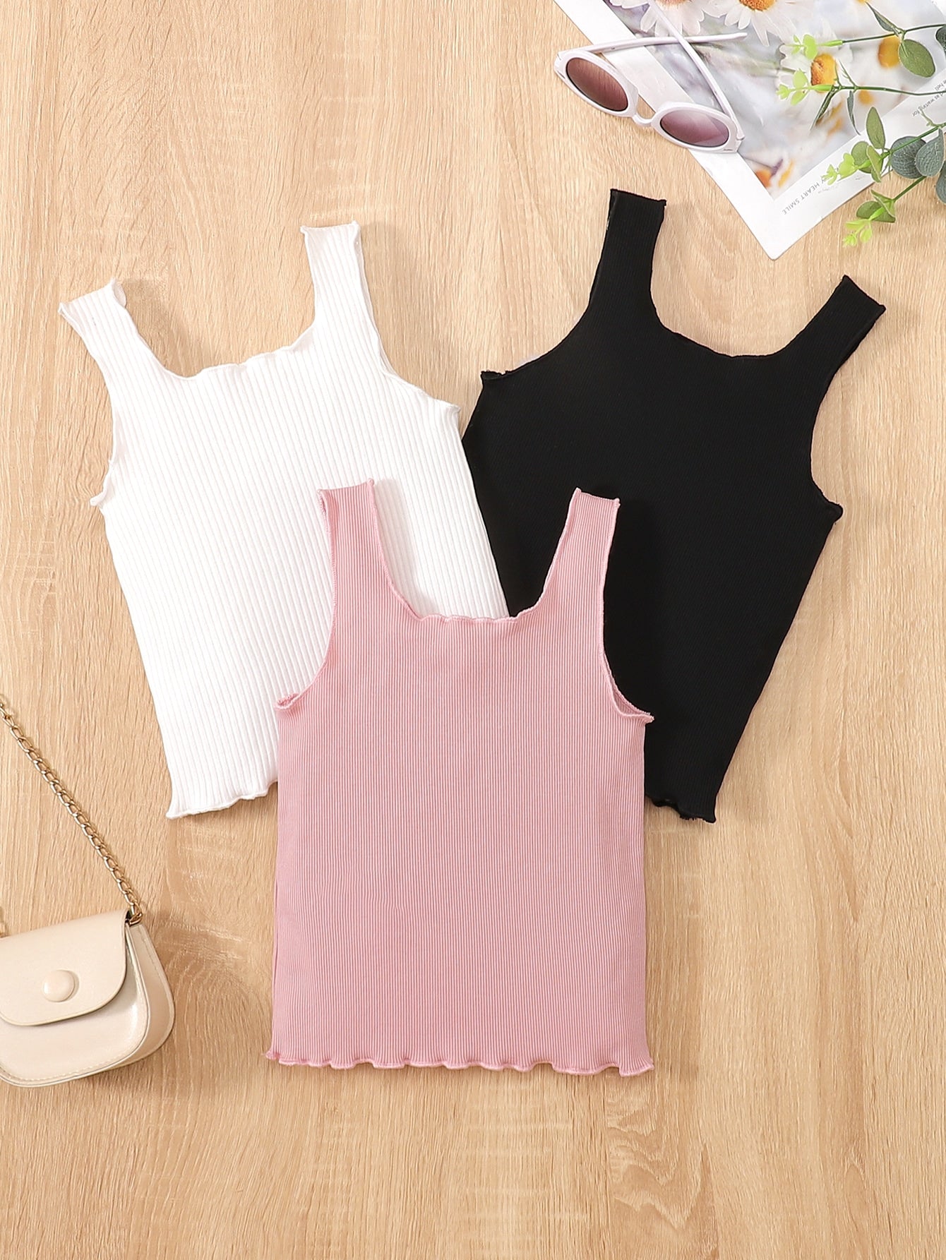 Young Girl 3pcs Lettuce Trim Tank Top