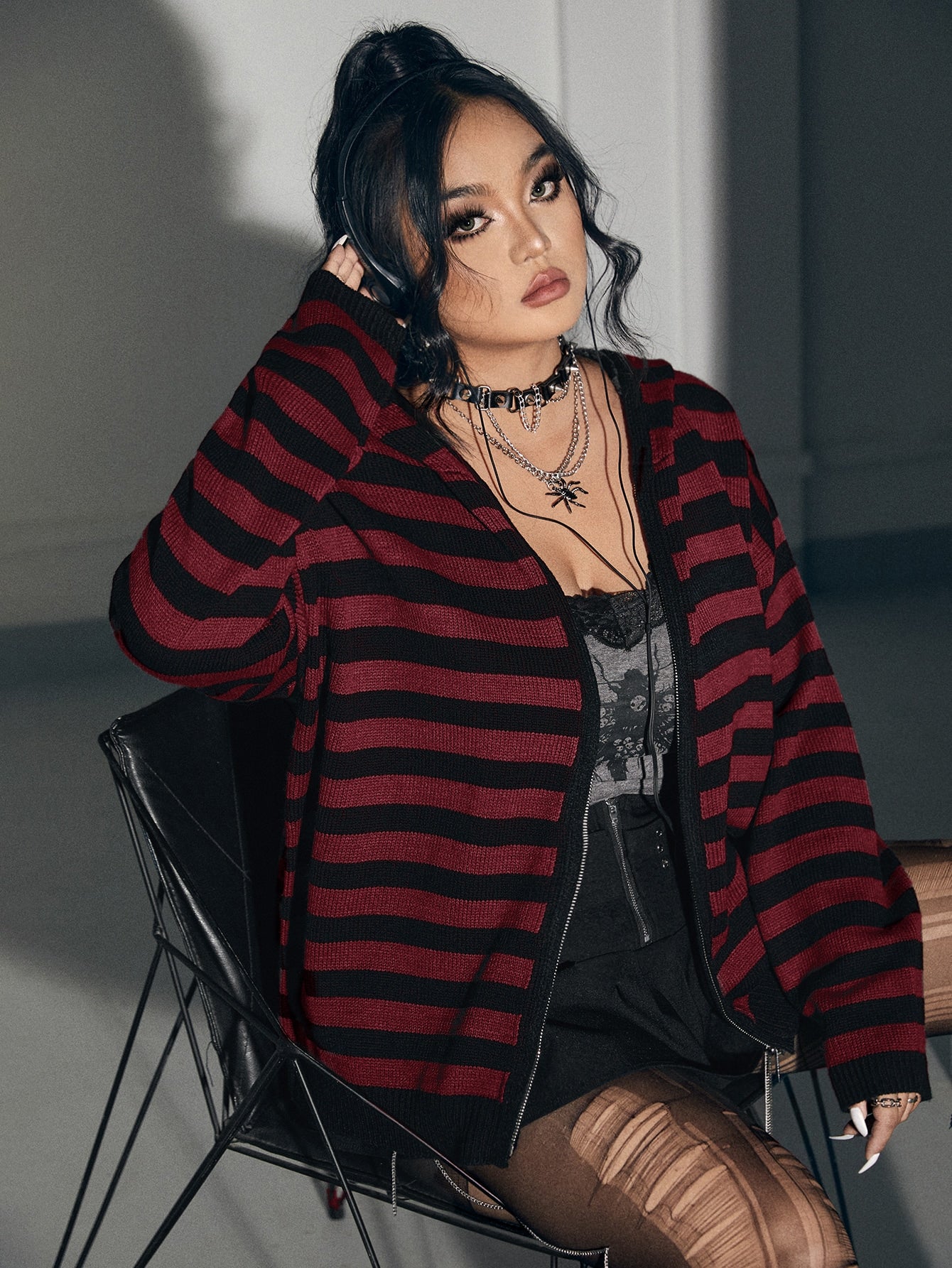 Punk Plus Striped Pattern Drop Shoulder Cardigan