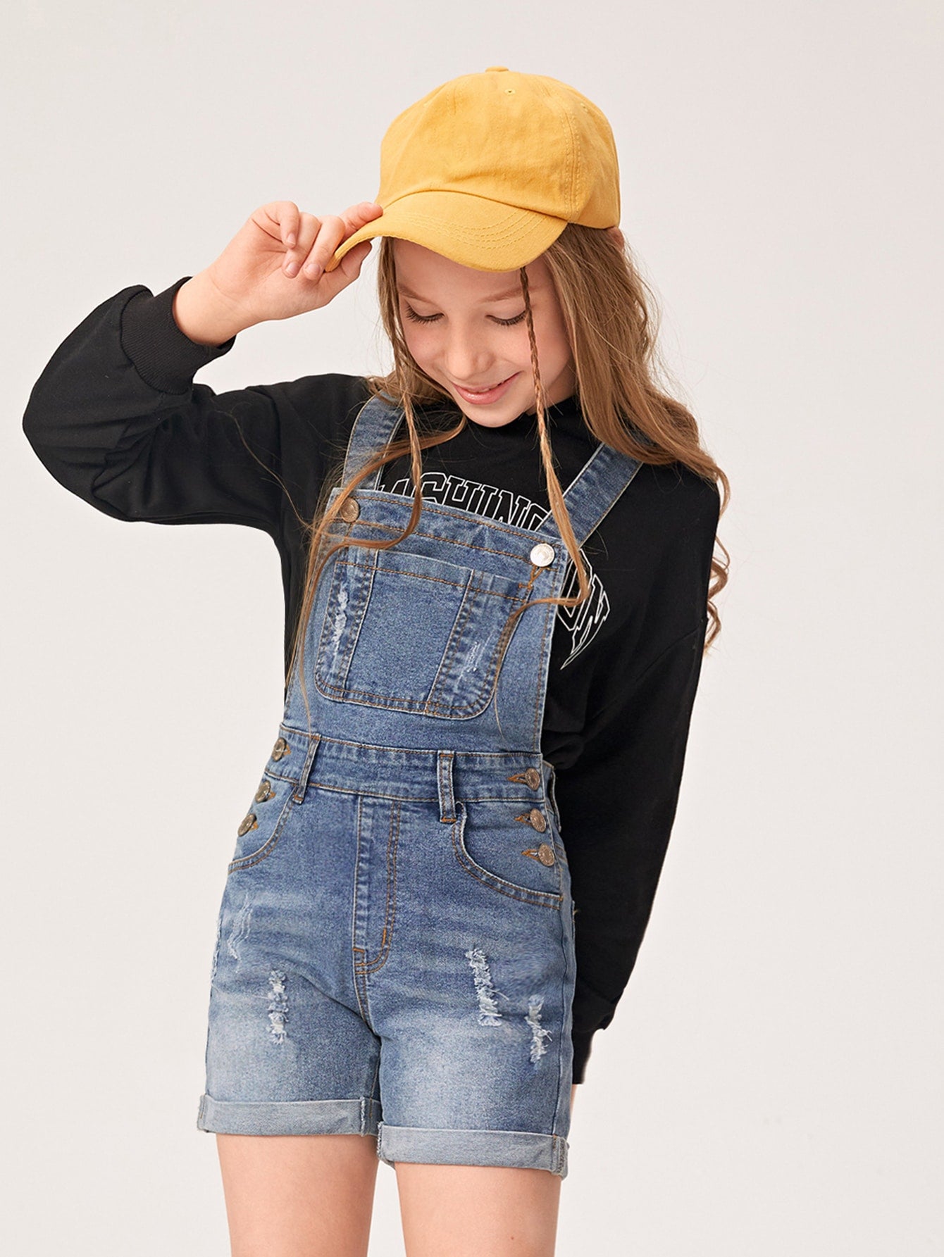 Tween Girl 1pc Ripped Roll Up Hem Denim Overall Romper