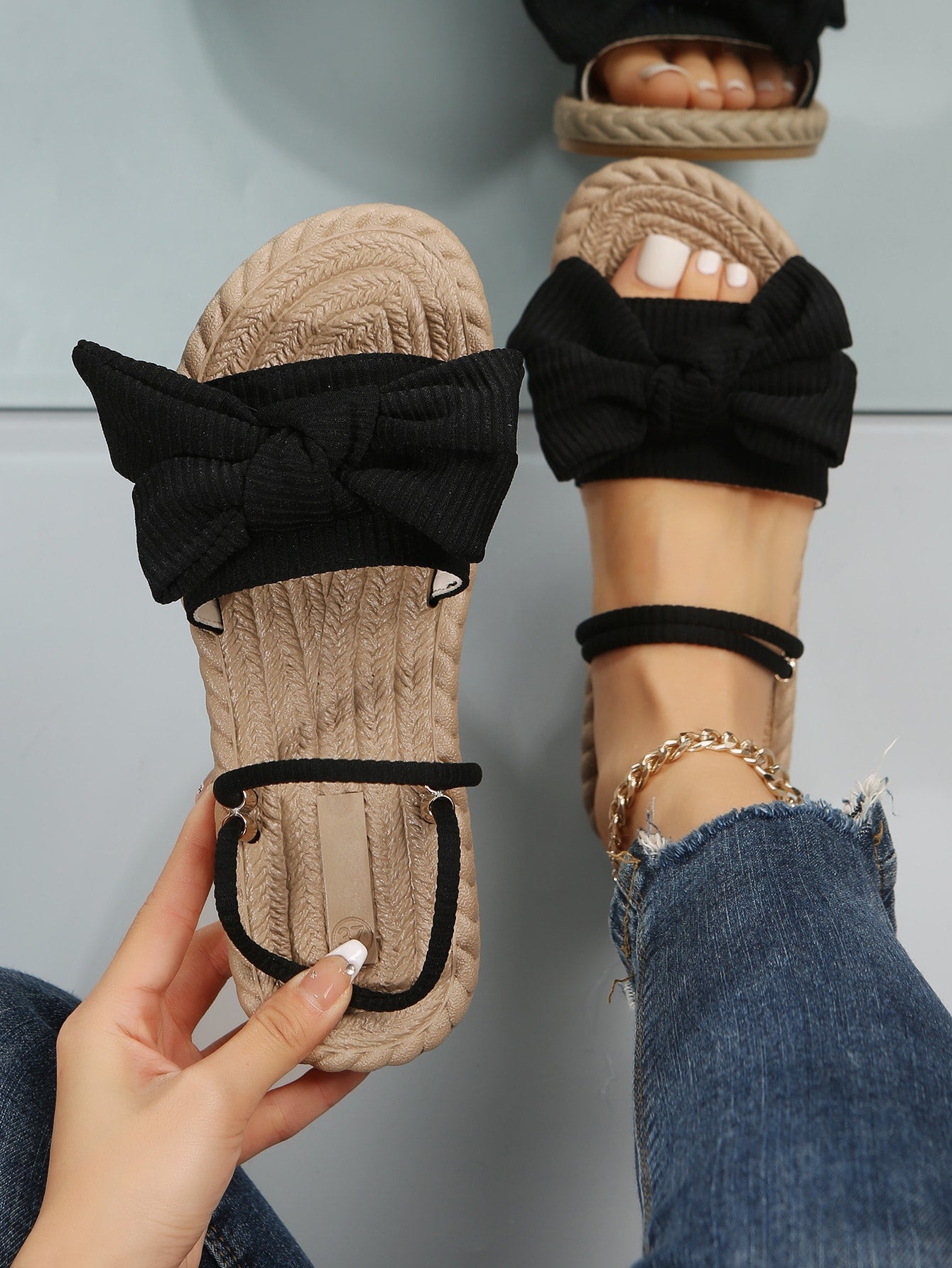 Women Ribbed Knit Bow Espadrille Open Toe Slide Sandals, Vacation Outdoor Polyester Flat Sandals