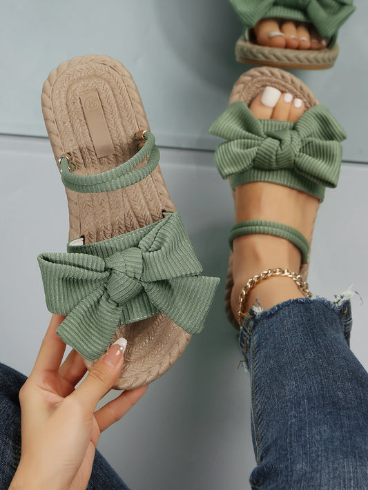 Women Ribbed Knit Bow Espadrille Open Toe Slide Sandals, Vacation Outdoor Polyester Flat Sandals