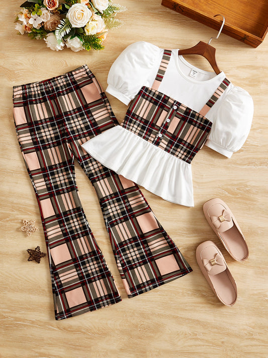 Tween Girl Plaid Print Puff Sleeve Peplum 2 In 1 Tee & Flare Leg Pants