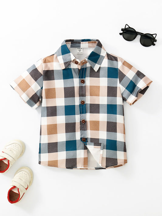 Young Boy Plaid Short Sleeve Button-up Shirt Party Shirt Lightweight Soft Comfortable Cool Casual Outwear Cardigan For Summer