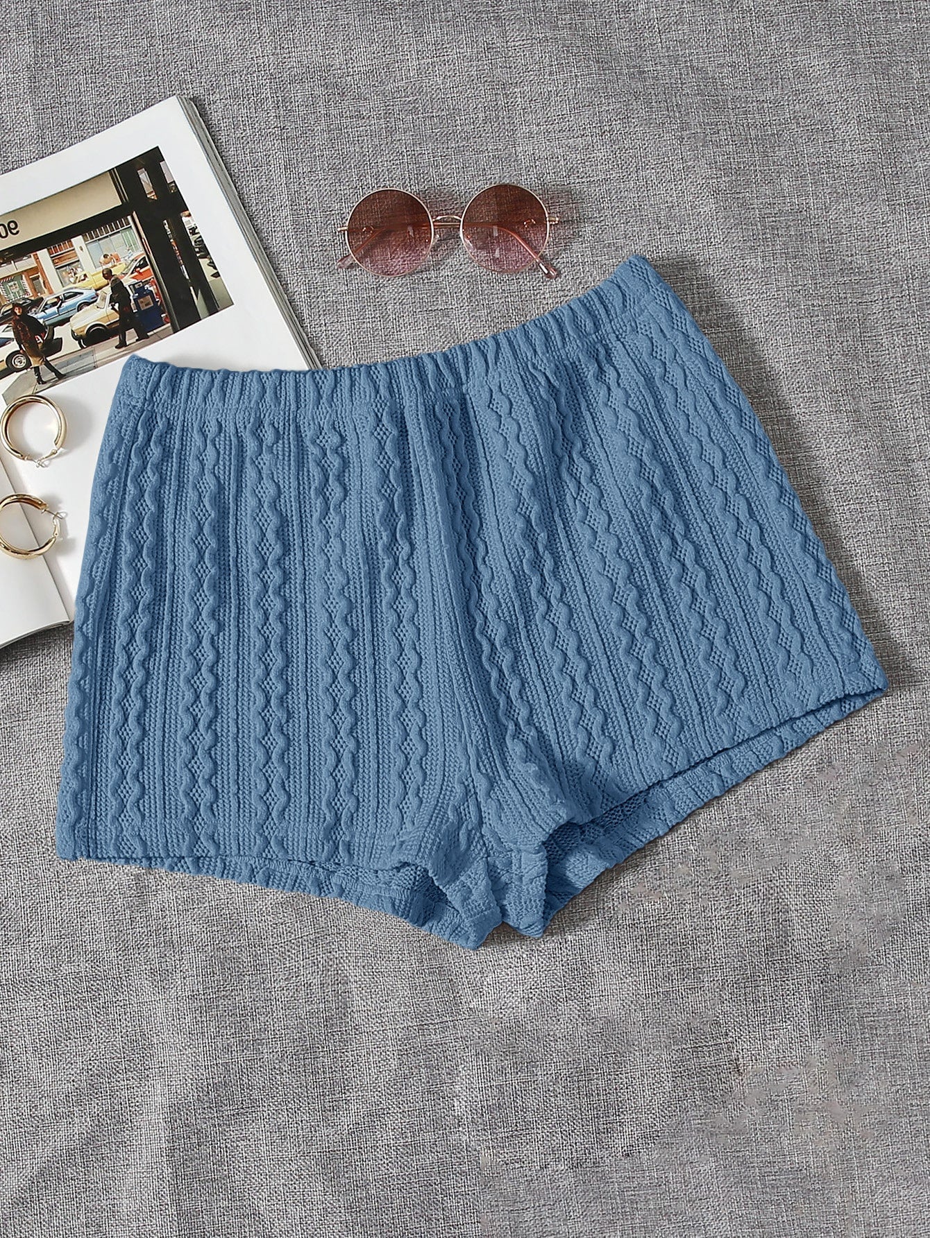 Summer  Outfits Elastic Waist Solid Textured Shorts