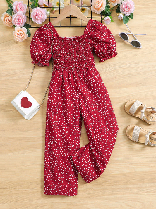 Young Girl Allover Heart Print Puff Sleeve Shirred Jumpsuit