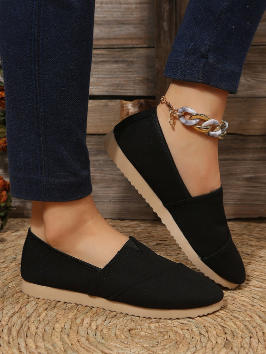 Women's Fashionable Simple Color Round Toe Canvas Slip-on Comfortable Soft Black Flat Shoes