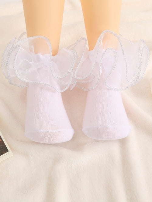 1pair Fashionable Princess Lace Trim Ankle Socks For Kids, Solid Color