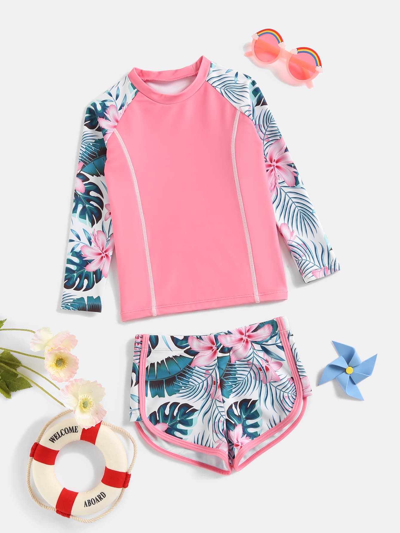 Young Girl Tropical Print Raglan Sleeve Rashguard Summer Beach