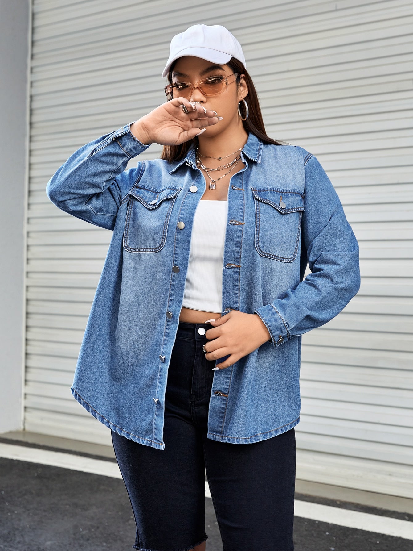 Plus Size Front Buttoned Denim Shirt With Pockets, Long Sleeve