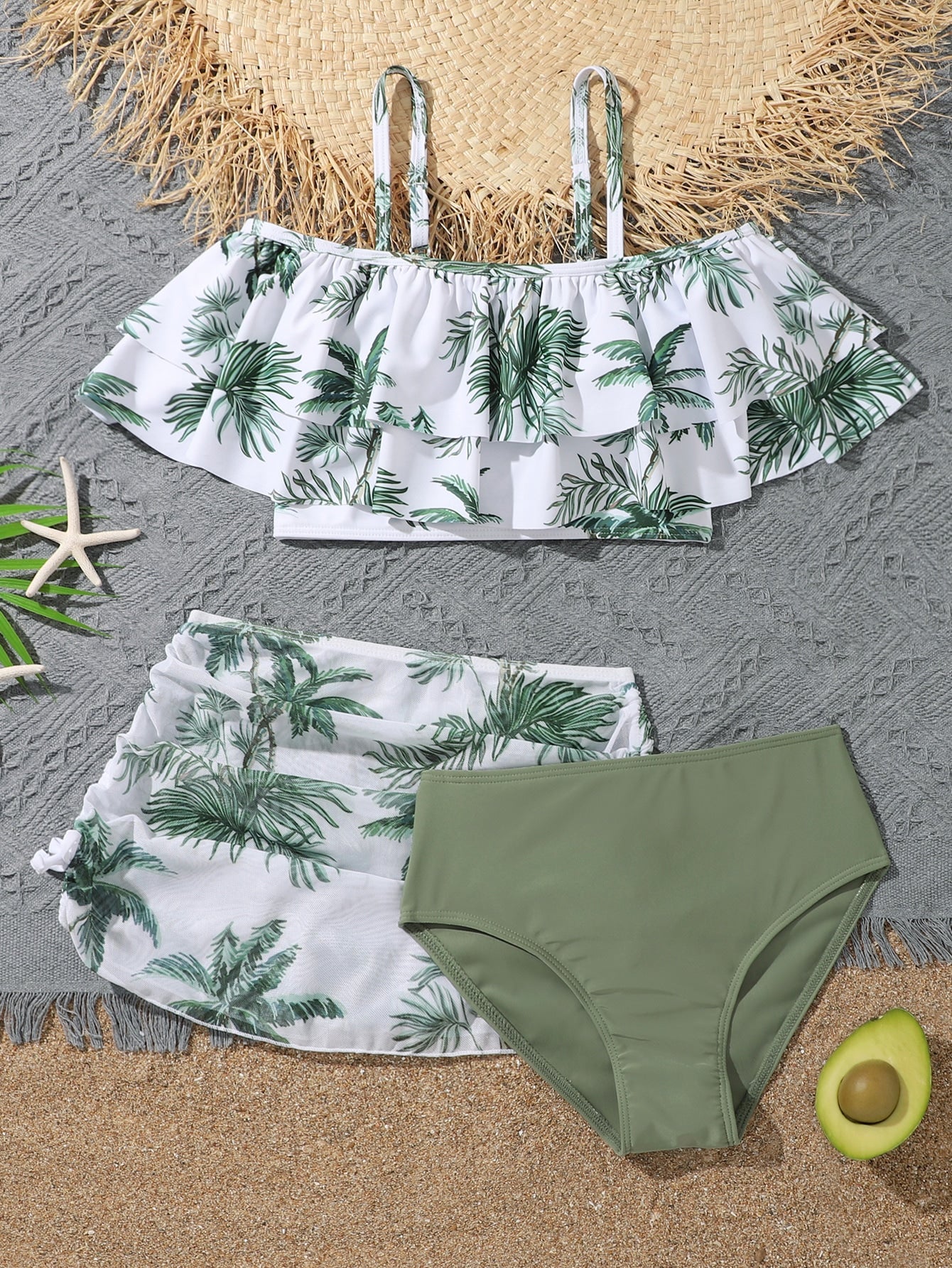 Tween Girl Tropical Print Ruffle Hem Bikini Set With Beach Skirt Summer Beach