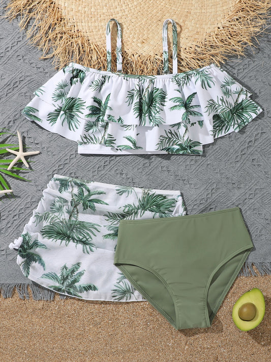 Tween Girl Tropical Print Ruffle Hem Bikini Set With Beach Skirt Summer Beach