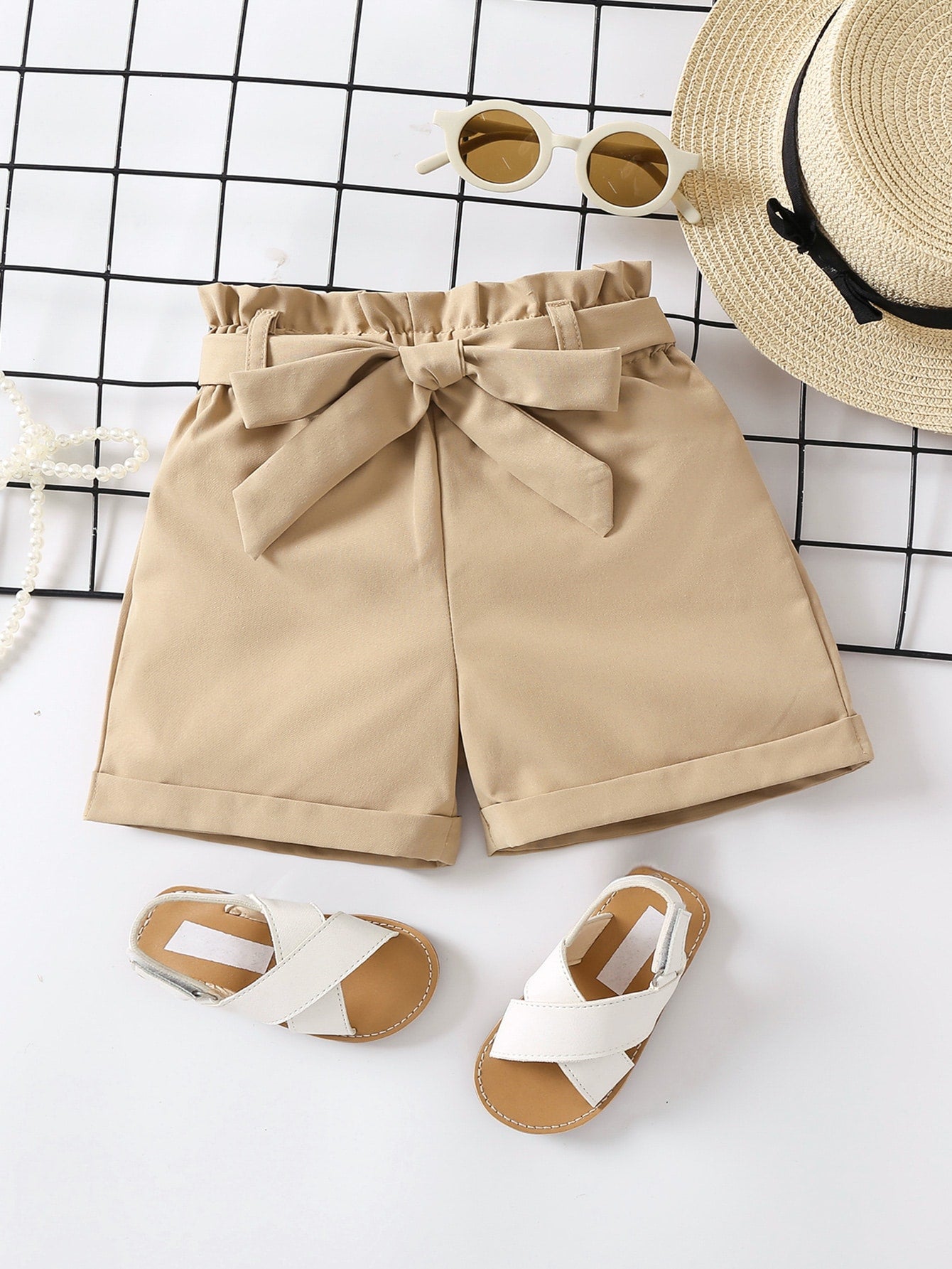 Young Girl Paperbag Waist Roll Up Hem Belted Shorts