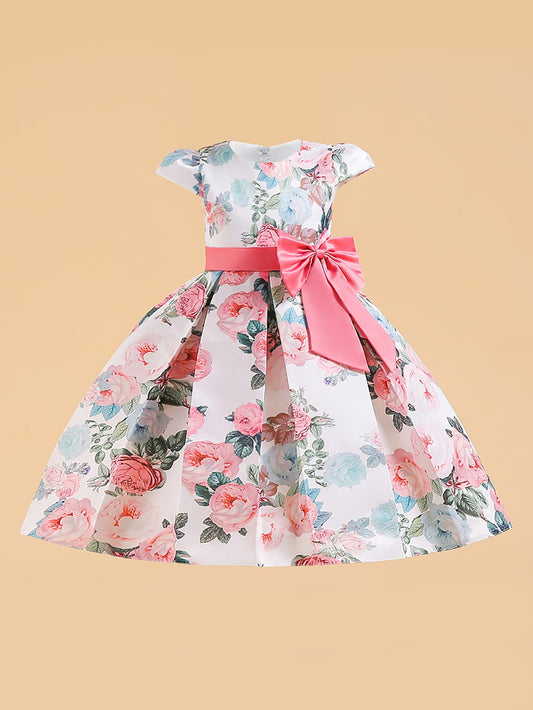 Young Girl Formal Dress For Piano Performance And Evening Dress, With Printed & Tulle & Bow-tie Decorated Princess Skirt For Toddler Girls