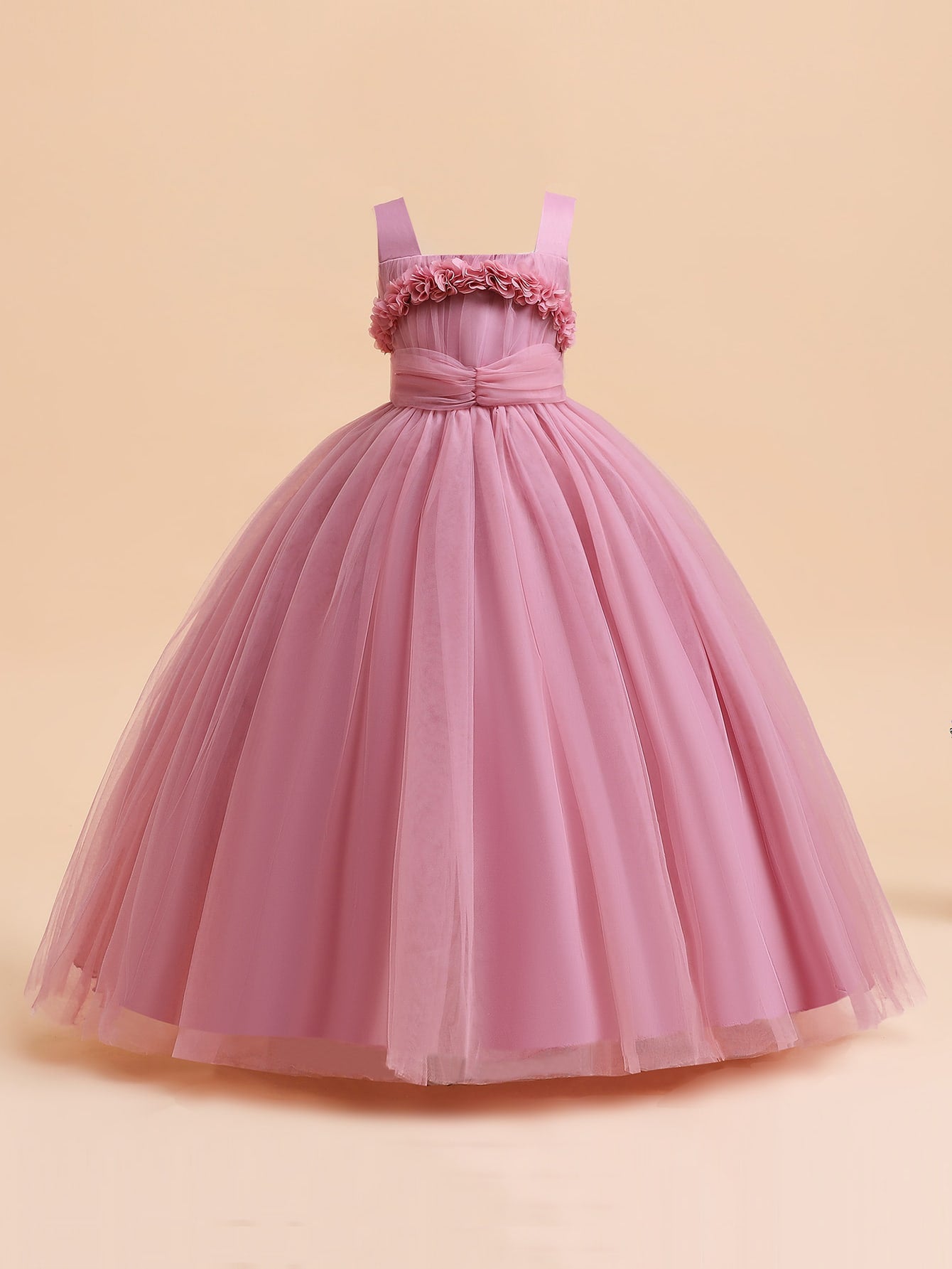 Tween Girl Mesh Solid Color Satin Long Three-Dimensional Flower Decoration Dress Elegant And Gorgeous Dress Suitable For Performance Hosting