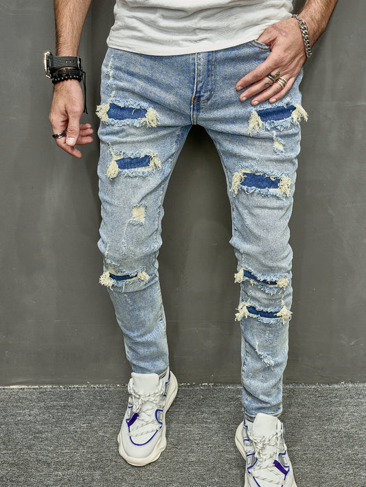 Men Cotton Ripped Skinny Jeans Slim Fit Long Frayed Jean Cargo Plain Light Blue Going Out Rock And Roll Rapper