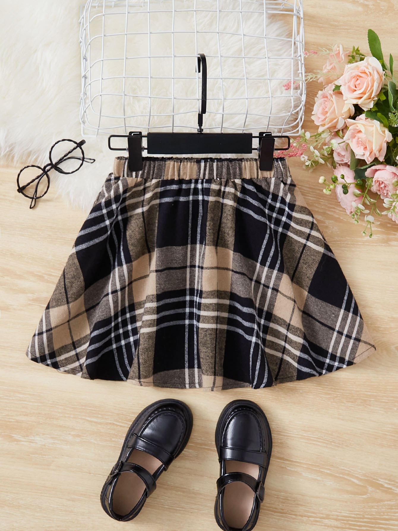 Young Girl's Stylish & Elegant Plaid Weave Sun Swing Preppy Style Skirt