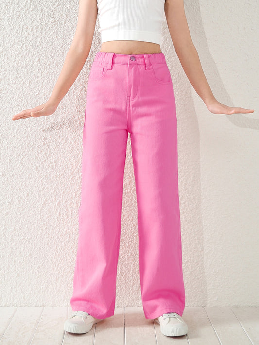 Tween Girl Y2k Style Loose Fit Straight Leg Pink Denim Jeans