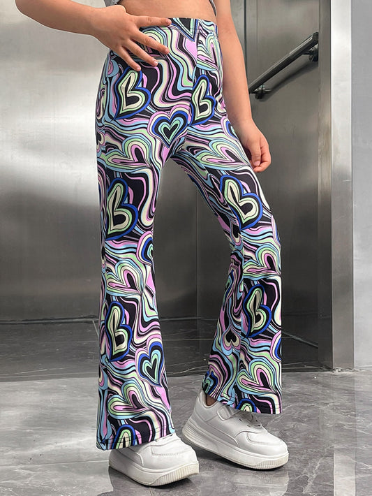 Young Girl Street Style Elastic Waist Heart Print Flared Pants, Summer