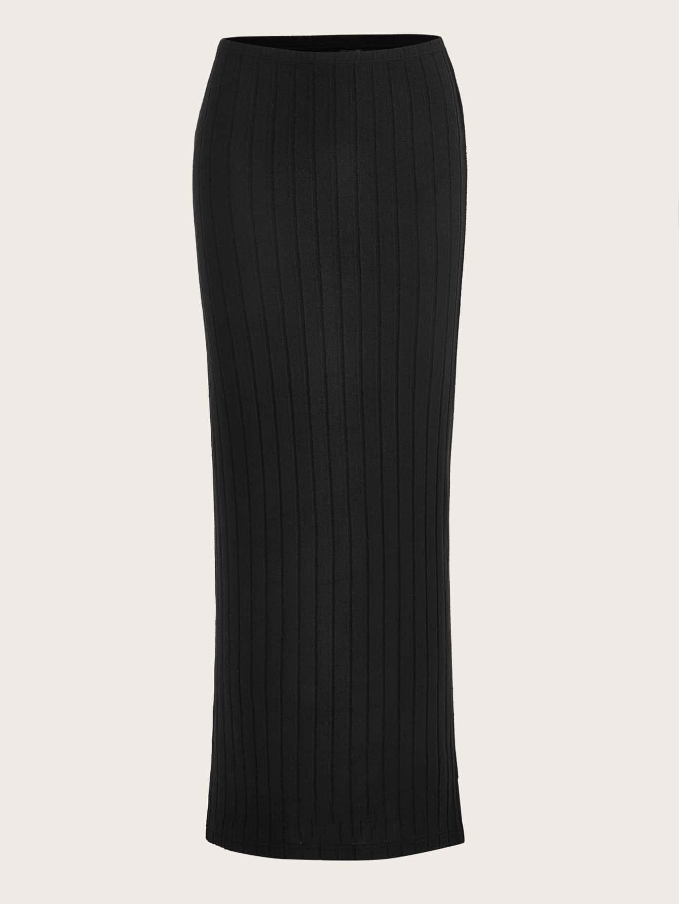 Solid Ribbed Knit Pencil Skirt