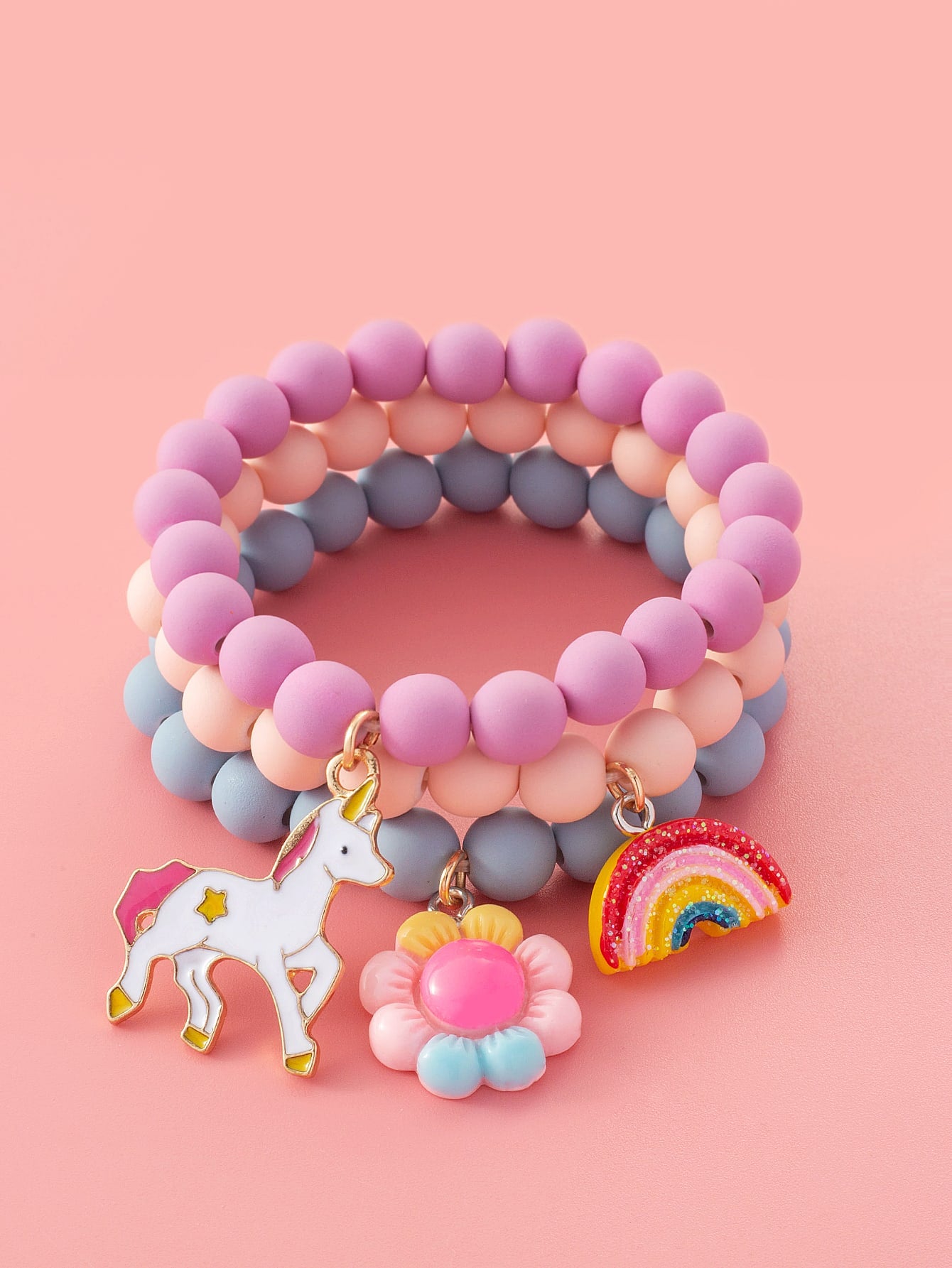 3pcs Girls Rainbow Charm Beaded Bracelet