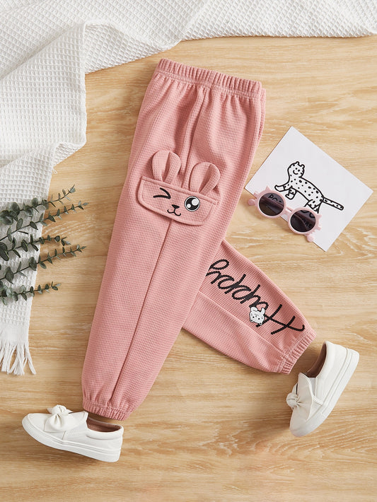 Young Girl Cartoon & Letter Graphic 3D Ear Design Waffle Knit Sweatpants