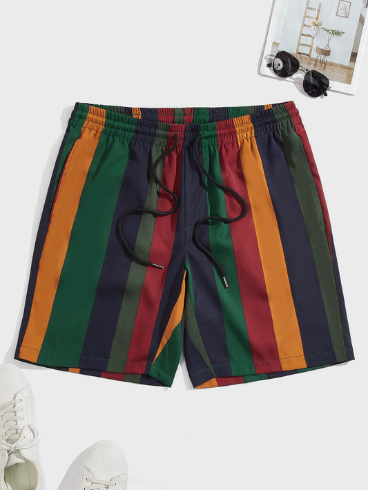 Men Striped Print Drawstring Waist Shorts Baggy Cool Stripe Colorful Vacation Boho