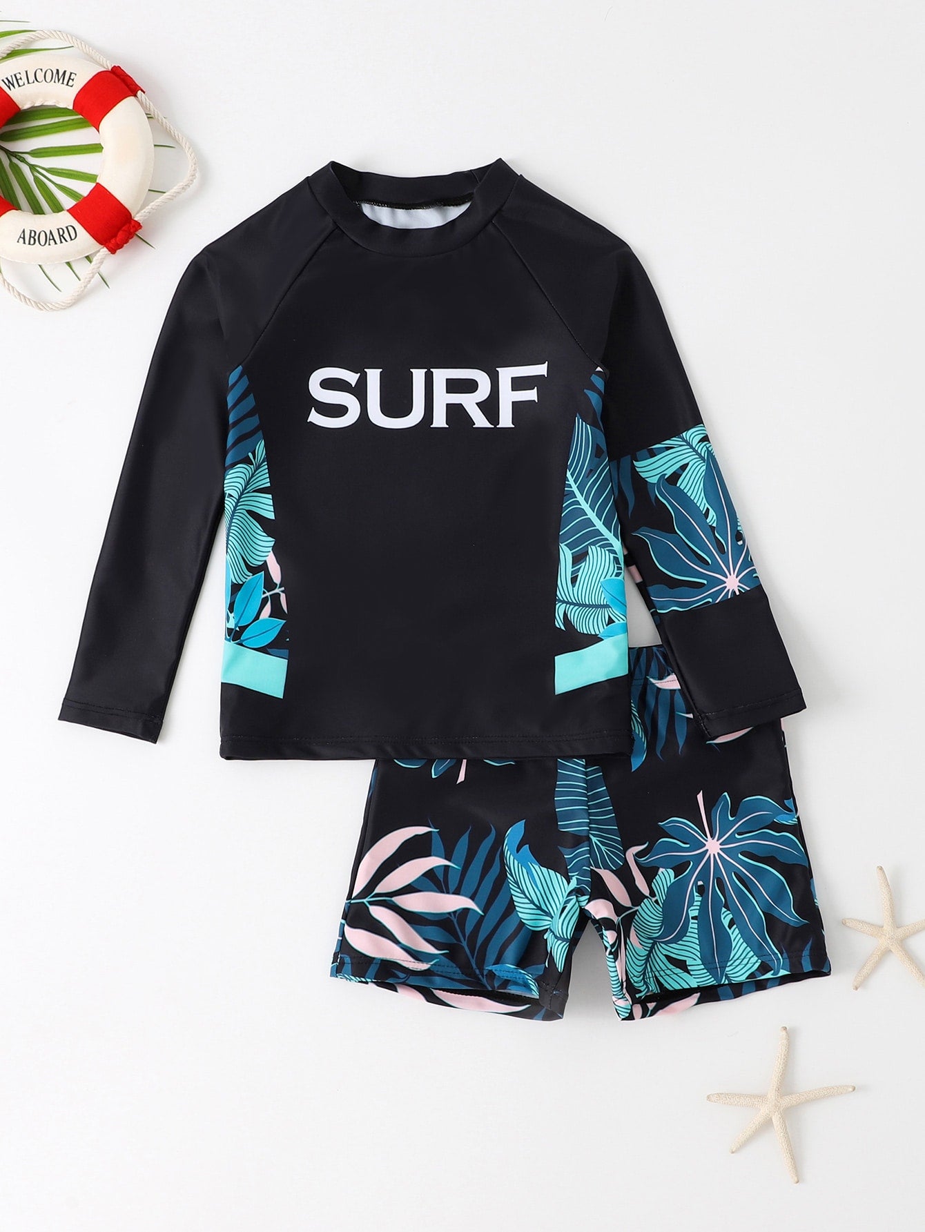 Young Boy Surfing Theme Print Raglan Sleeve Top And Random Print Swim Shorts Set