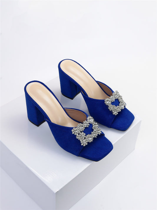 Women Rhinestone Decor Chunky Heeled Mule Sandals, Glamorous Banquet Heeled Sandals