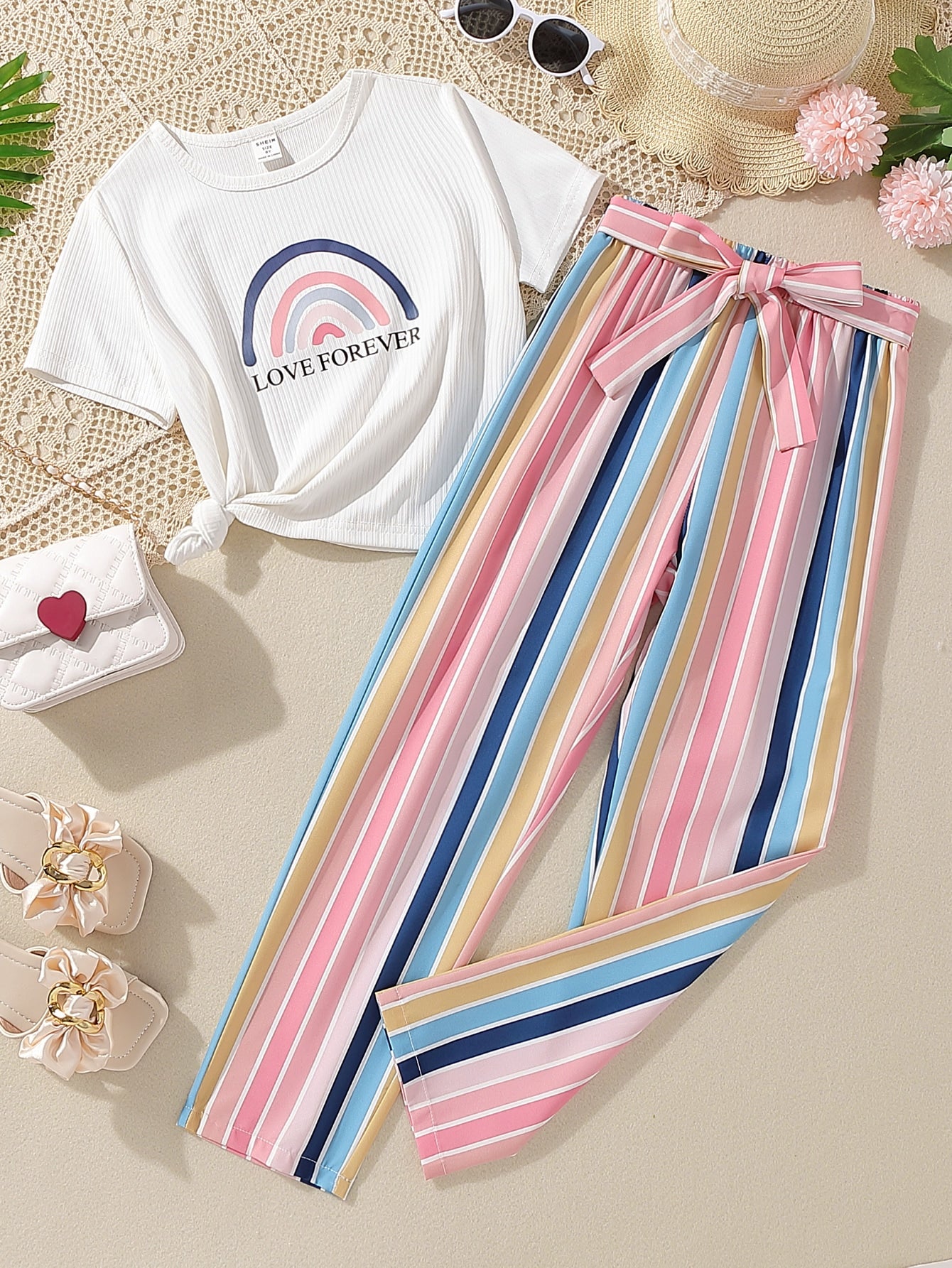 Tween Girl Rainbow & Letter Graphic Tee & Block Striped Belted Pants