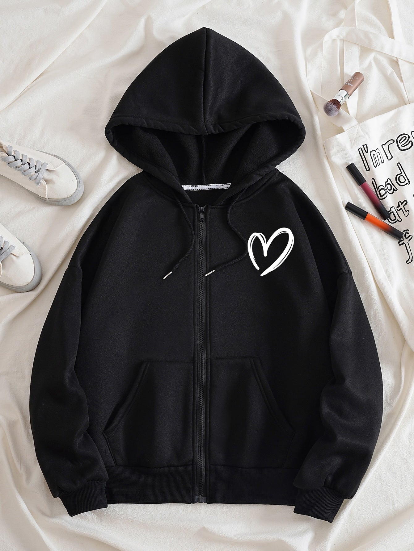 Heart Print Zip Up Drawstring Thermal Lined Hoodie