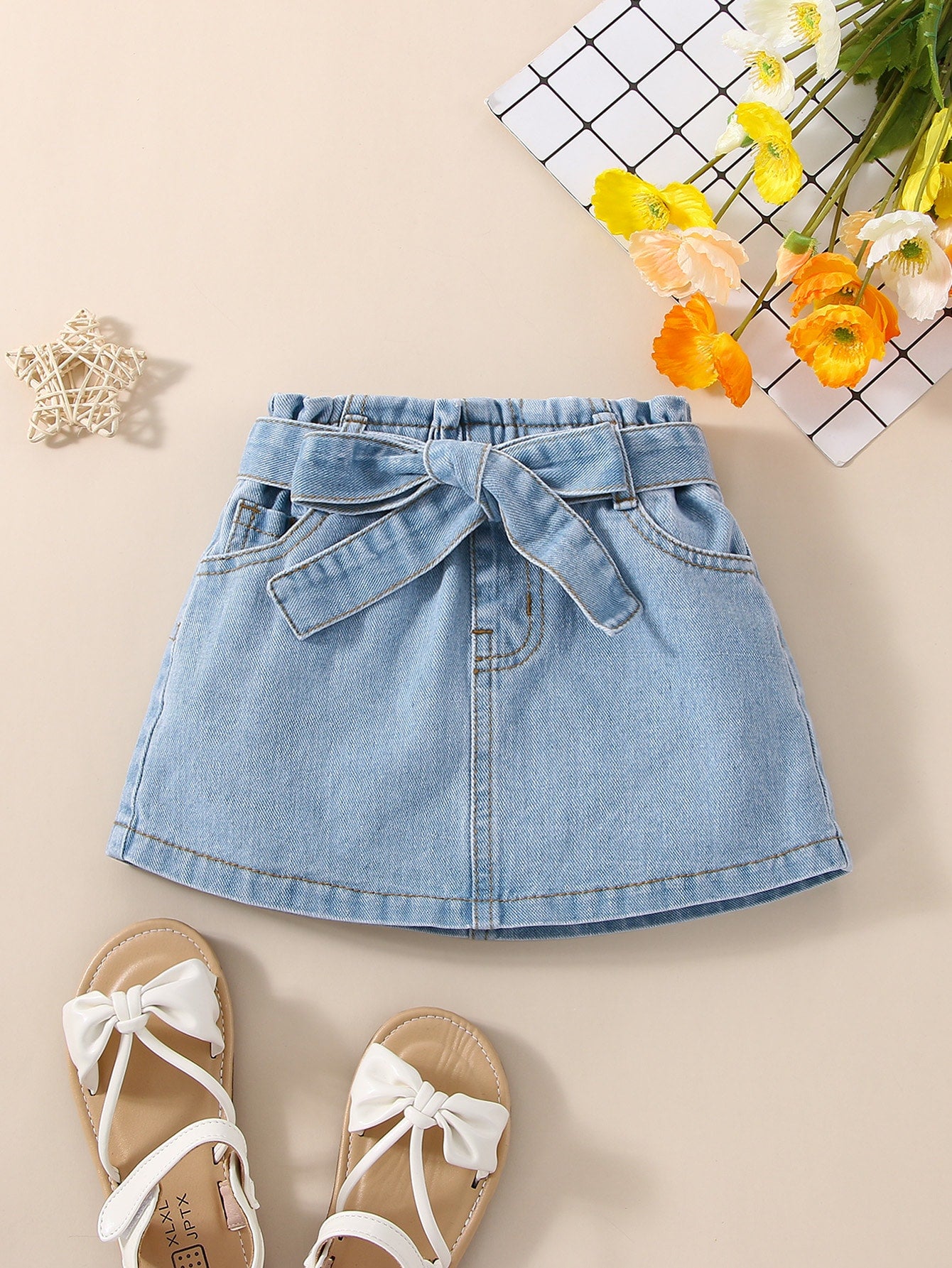 Young Girl Solid Color Simple Belted Decorated Denim A-Line Skirt