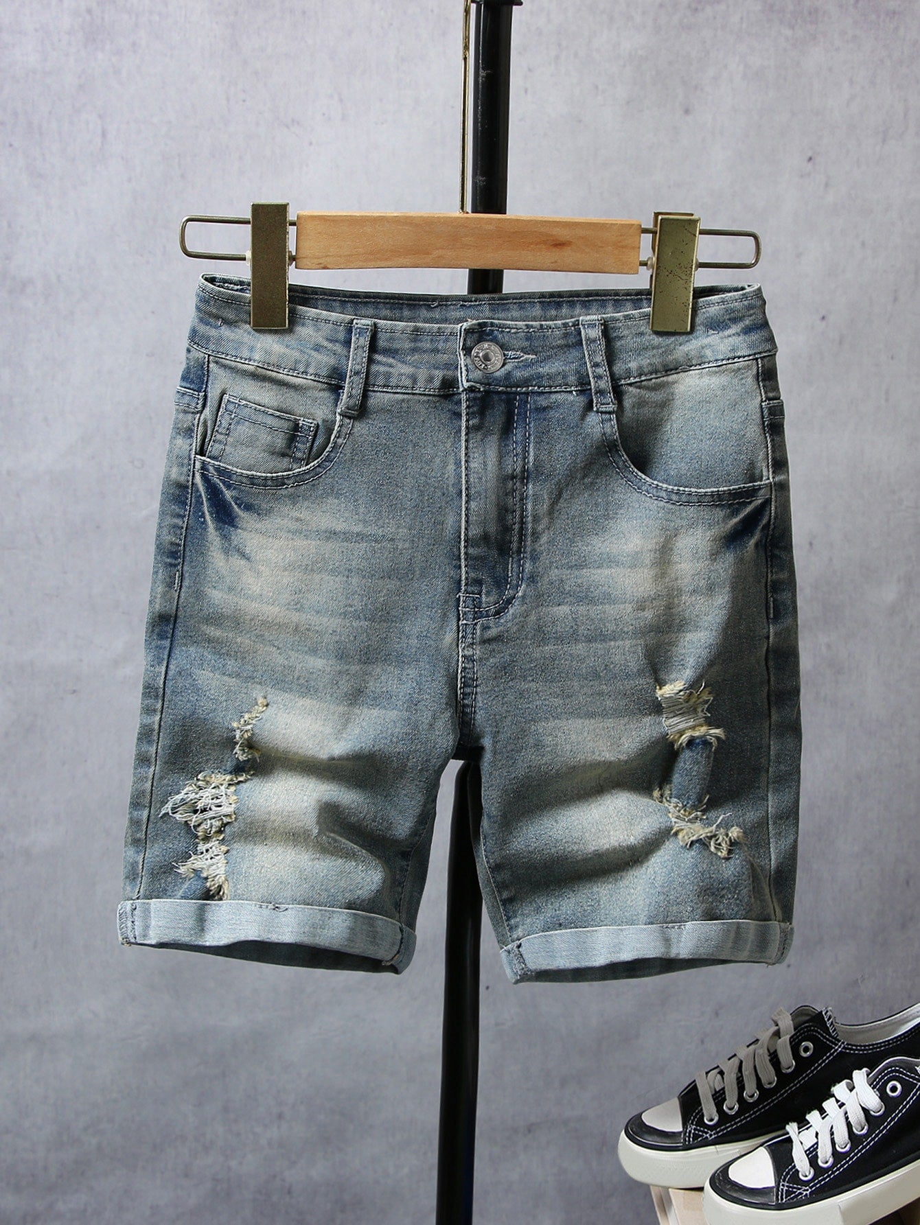 Tween Boy Daily Vintage Boho Street Casual  Cat Whisker Destroy Roll Up Hem Elastic Waist Stretchy Denim Shorts