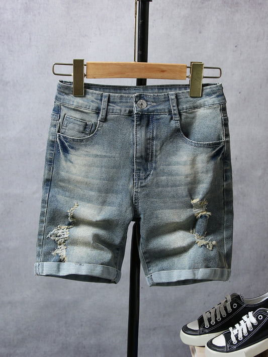 Tween Boy Daily Vintage Boho Street Casual  Cat Whisker Destroy Roll Up Hem Elastic Waist Stretchy Denim Shorts