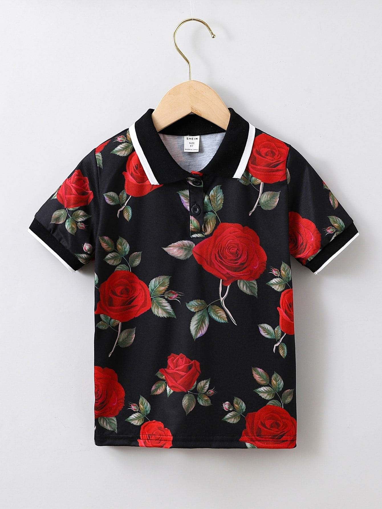 Young Boy Black Floral Printed Street Style Polo Shirt With Regular Sleeves For Summer Vacation