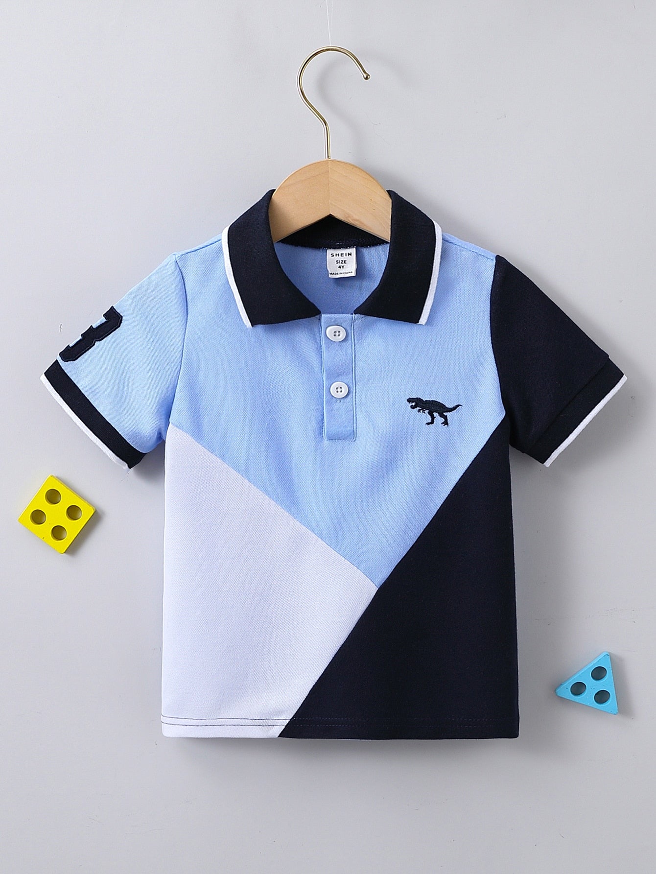 Young Boy Summer Casual Color-Block Dinosaur Embroidered Short Sleeve Polo Shirt