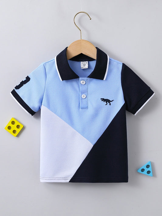 Young Boy Color Block Dinosaur Print Casual Sports Polo Shirt With Regular Sleeve For Summer