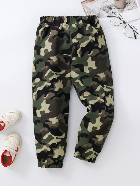 Young Boy Camo Print Flap Pocket Side Pants