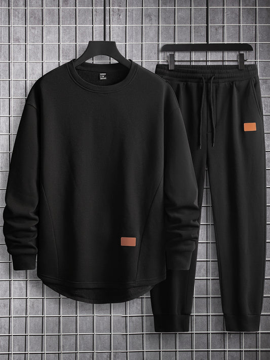 Loose Fit Men's Patched Detail Sweatshirt & Drawstring Waist Sweatpants