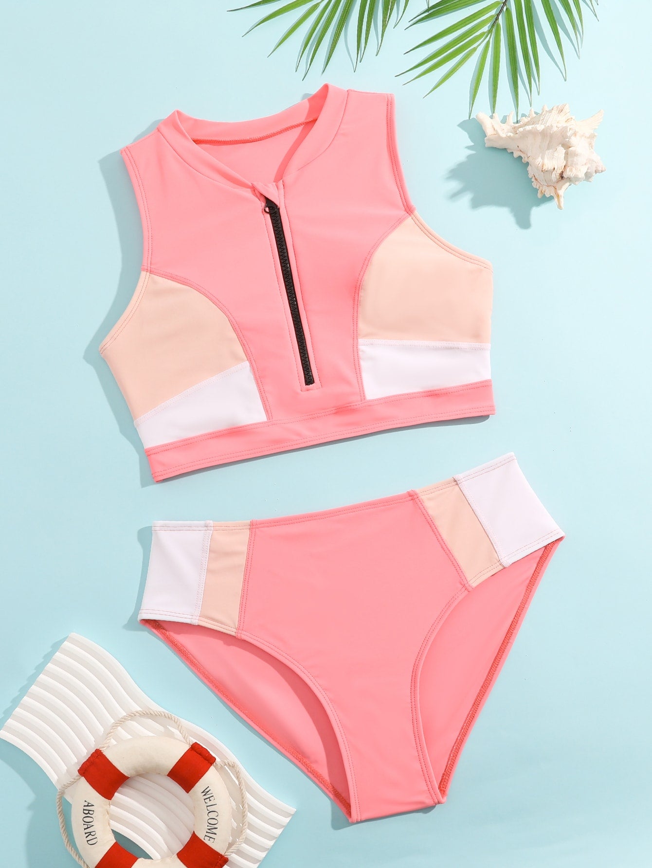 Teen Girl Color Block Zipper Front Bikini Set Summer Beach