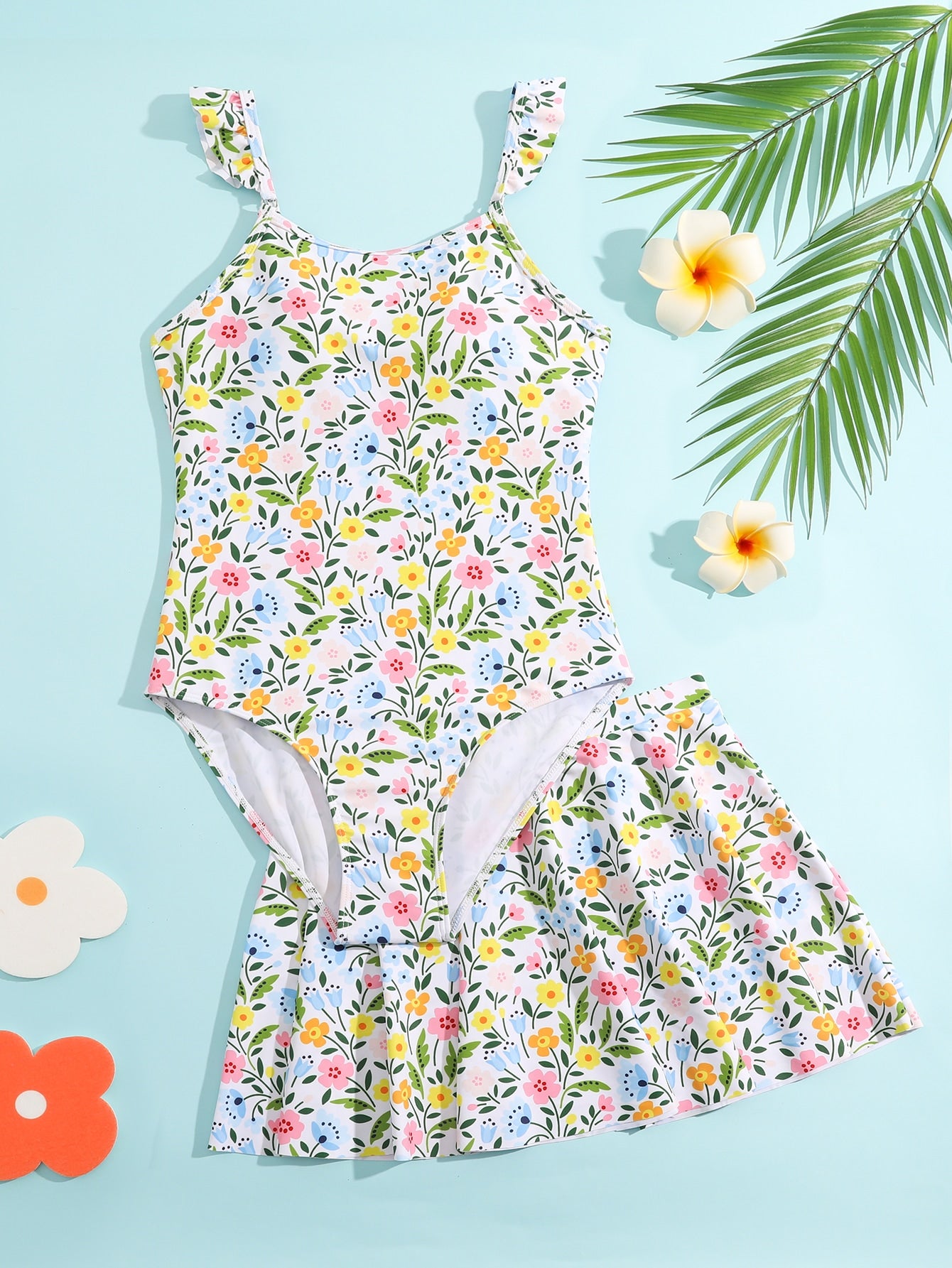 Teen Girls Floral Print One Piece Swimsuit With Beach Skirt