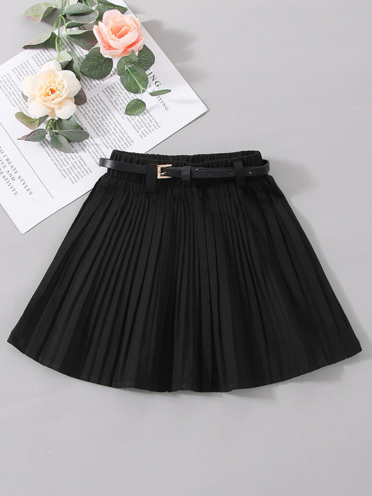 Young Girl Fashionable And Elegant Pleated Skirt, Suitable For Casual Events, Parties, School, And Traveling. Can Be Worn In Spring, Summer, Autumn, And Winter. Versatile And Classic. Comes With A Black Faux Leather Adjustable Waist Belt.